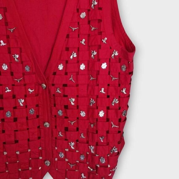 Ellen Richman Womens Vest Sz XL Red Silver Charms Woven Button From Cotton Vtg - Picture 7 of 9